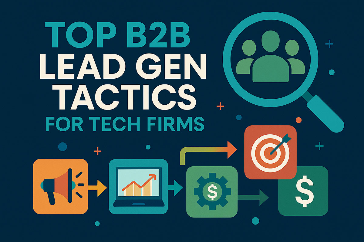 B2B lead generation tactics infographic for tech firms—ABM, content, events, paid media.