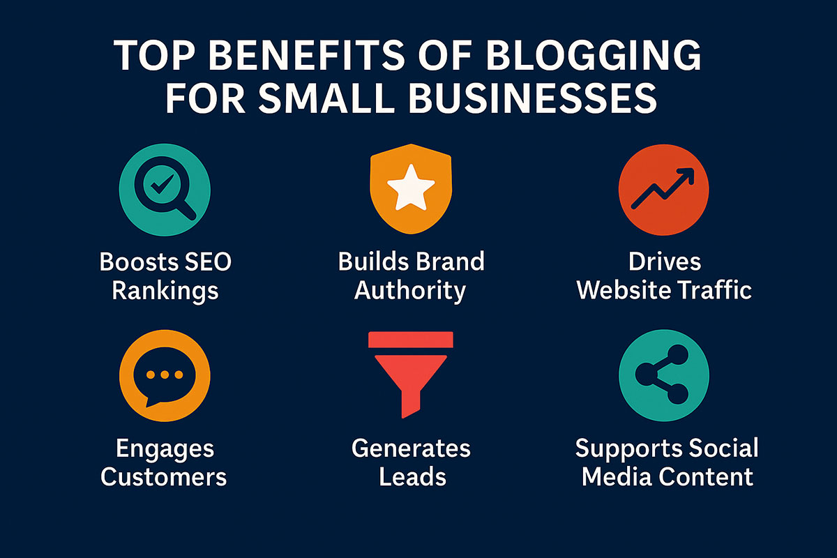 Blogging benefits infographic showing traffic growth, authority, and lead generation.