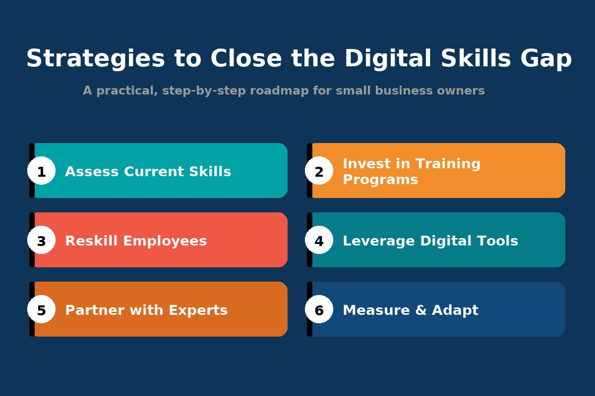 Digital skills gap strategies infographic covering training, hiring, and tooling.