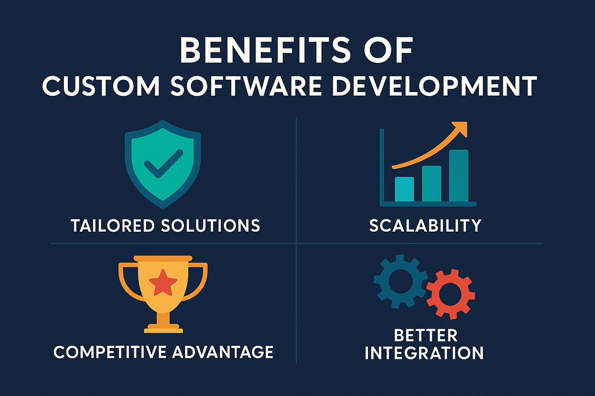 Custom software advantages infographic highlighting efficiency, integration, and scalability.