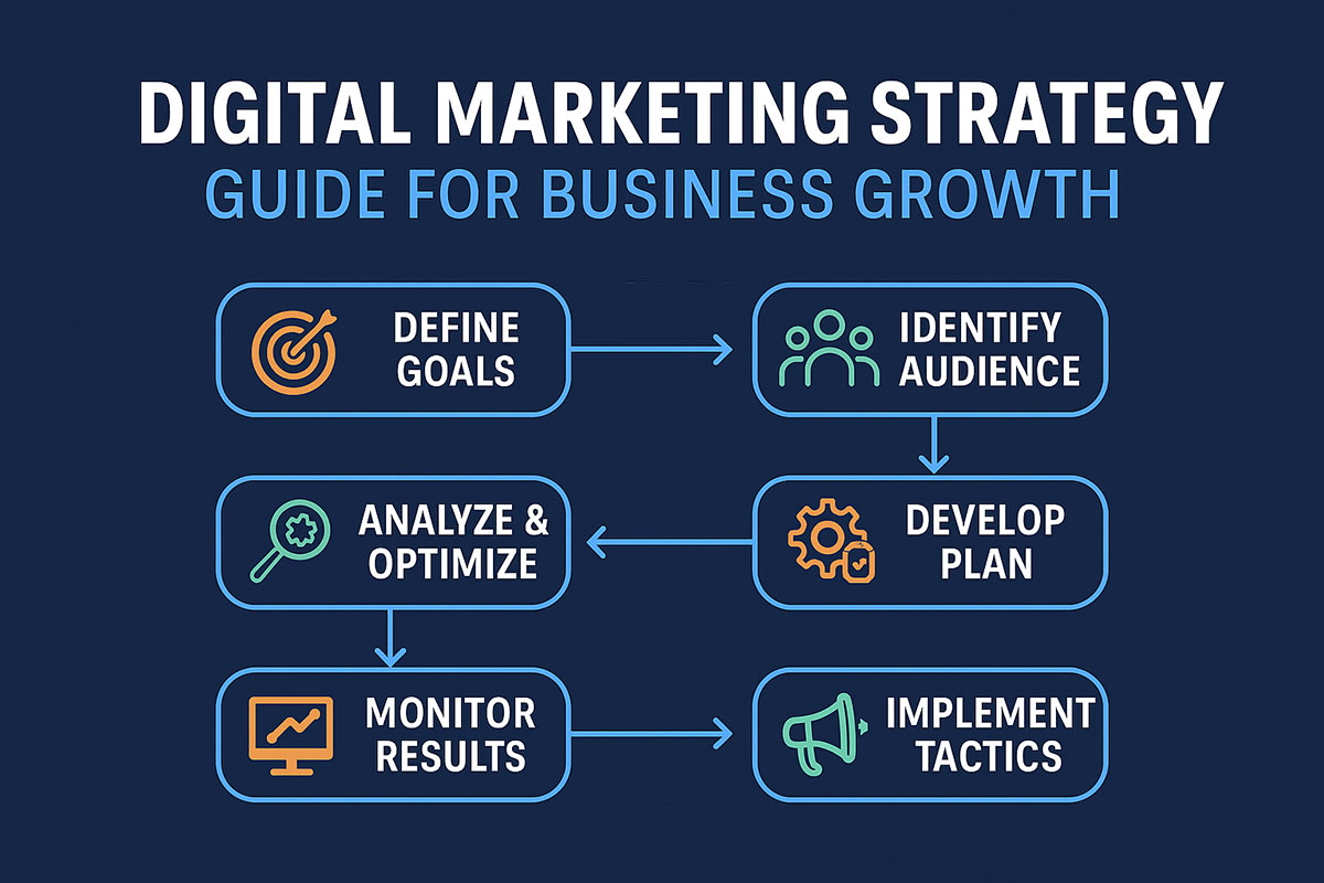 Step-by-step digital marketing roadmap showing goals, KPIs, channels, and timelines.