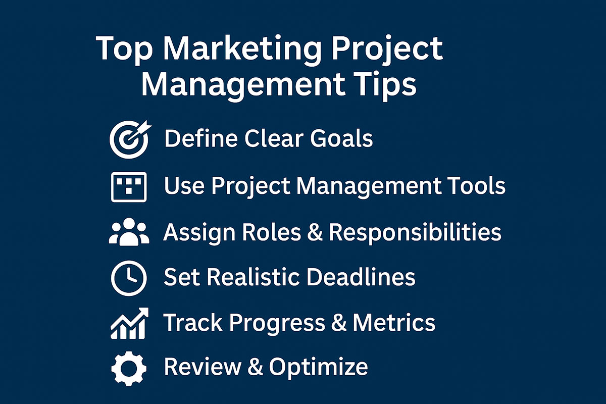 Marketing project management checklist for tasks, timelines, resources, and approvals.