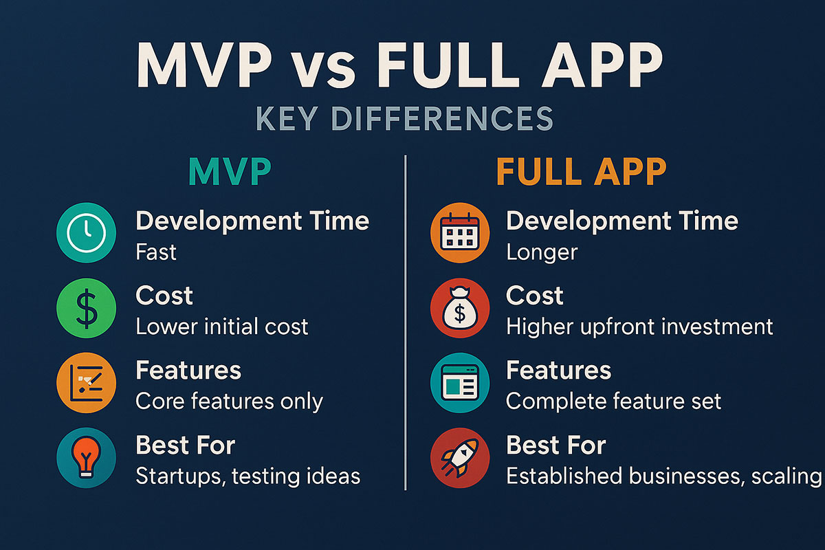 MVP vs full app comparison chart covering scope, cost, timeline, and validation risk.