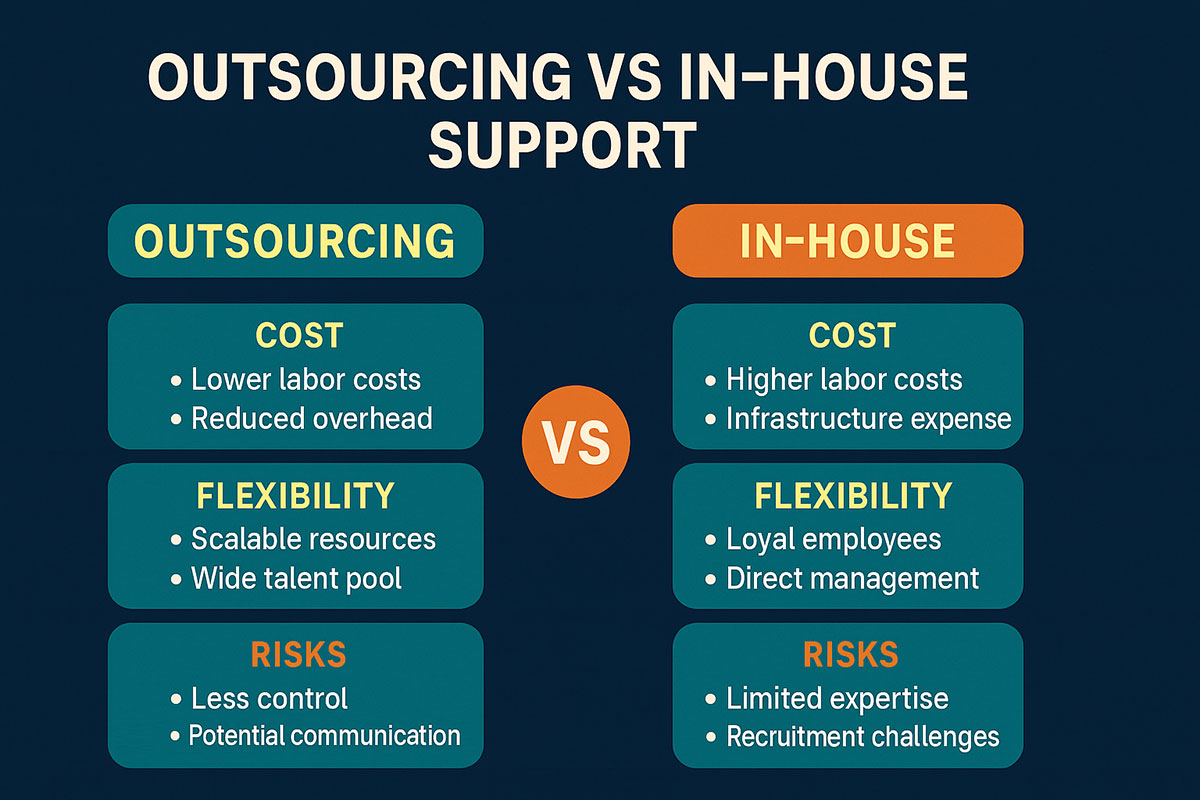 Outsourced vs in-house support comparison chart showing coverage, cost, and expertise